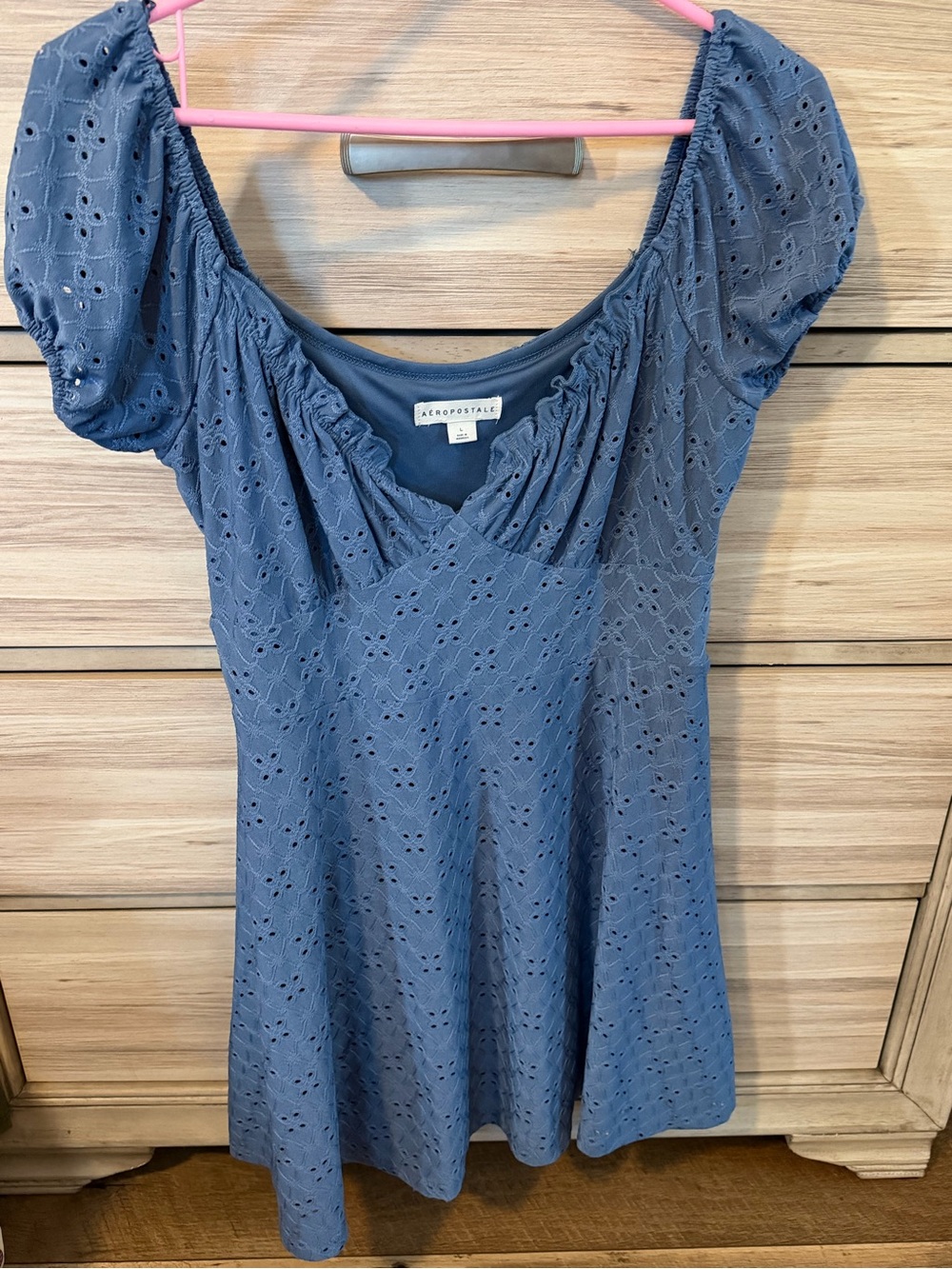 Aeropostale Women’s Blue Eyelet Puff Sleeve Dress- Large